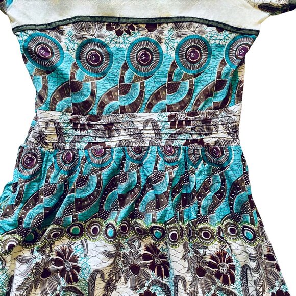 Vintage White, Black, Turquoise + Gold Sparkle Boho Dress Cottagecore Whimsy - Picture 12 of 12